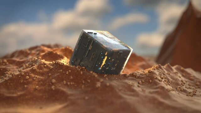 Sci-fi technology cube on land. 3D render animation
