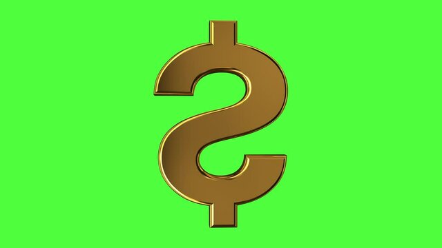 3D animation seamless loop of a golden dollar symbol rotates isolated on a green chroma key. 4K resolution