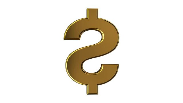 3D animation seamless loop of a golden dollar symbol rotates isolated on a white background with alpha channel. 4K resolution.