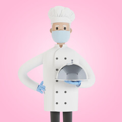 The chef is holding a silver food tray. 3D illustration in cartoon style.