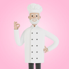 The chef makes the gesture of the perfect dish. 3D illustration in cartoon style.