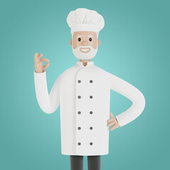 The chef makes the gesture of the perfect dish. 3D illustration in cartoon style.