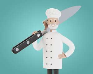 Chef with a large knife. 3D illustration in cartoon style.