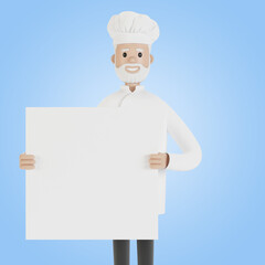Chef with a banner in his hands. 3D illustration in cartoon style.