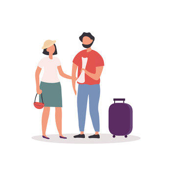 Caucasian tourists couple with luggage holding map. Concept of travelling and exploring worl with loved ones. Flat carton vector illustration isolated on white background