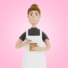 The waiter takes the order with a notebook and pencil. 3D illustration in cartoon style.