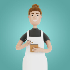 The waiter takes the order with a notebook and pencil. 3D illustration in cartoon style.