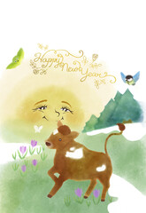 <丑年年賀状>野原を駆ける若い牛と、笑顔で見守る太陽(水彩画風、Happy New Year筆記体の文字)