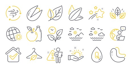 Set of Nature icons, such as Organic tested, Sunflower seed, Slow fashion symbols. Sea mountains, Apple, Pistachio nut signs. No alcohol, Leaves, Travel sea. Sunny weather, World weather. Vector