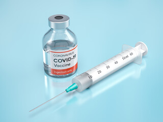 Medical Vaccine bottle vial of Covid-19 coronavirus in a research medical lab. 3D illustration
