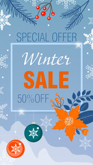 Winter sale Special offer flyer, banner,story, poster Vector illustrations