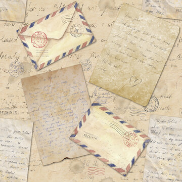 Seamless pattern in vintage style with hand written letters, post stamps, envelopes