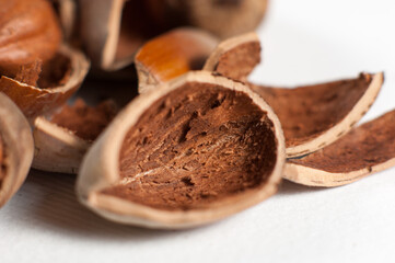 Hazelnuts and cracked nutshells