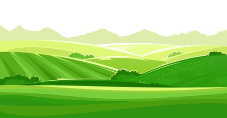 Obraz premium Hills and meadows. Haymaking in pastures. Agricultural land. Green grass. Mountains in the distance. Beautiful rural landscape. Isolated over white background. Vector