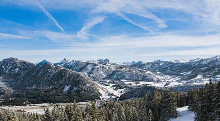 Panorama view of the Alps in Allgäu on a sunny day in winter, Oberallgäu, Germany