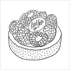 tartlet with cream and raspberries. gourmet restaurant dish. dissert. shortbread dough. beautiful dessert. French dish. beautiful presentation of food. black and white print. sweet tart. vector eps 10
