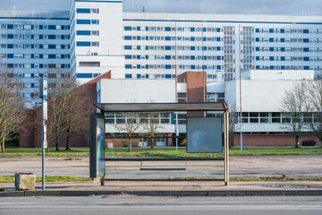 Empty bus stop during coronavirus near hospital