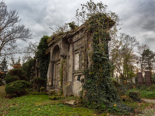 Old Historic Jewish Cemetery from 19th century in Wroclaw, Breslau, Poland during golden autumn, orange and yellow leaves, old graves with german and hebrew names - The museum of cemetery art © Ania