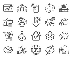 Business icons set. Included icon as Stop talking, Shopping cart, Organic product signs. Packing boxes, Communication, Coffee beans symbols. Carousels, Copyright chat, Return package. Vector