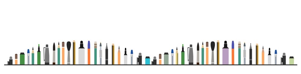 Stationery. Horizontal background picture for art studio, stationery store, school. Isolated object. Brushes, pencils, felt-tip pens.  Bottom frame for banner, poster, business card. Vector