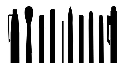 Stationery. Horizontal background silhouette picture for art studio, stationery store, school. Isolated object. Brushes, pencils, felt-tip pens.  Bottom frame for banner, poster, business card. Vector