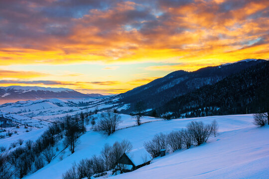 winter landscape in mountains at sunrise. beautiful rural area of carpathian mountains with snow covered hills. glowing clouds on the sky. frosty weather