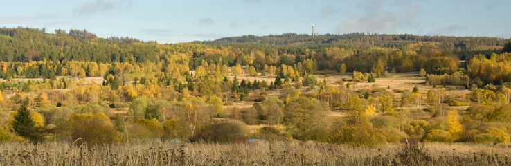 Panoramic view of the autumn Brdy, Padrť ské rybníky locality, target impact area Jordán in...