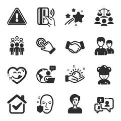 Set of People icons, such as Handshake, Touchscreen gesture, Cooking chef symbols. Group people, Yummy smile, Sunny weather signs. Face protection, Couple, Court jury. Contactless payment. Vector