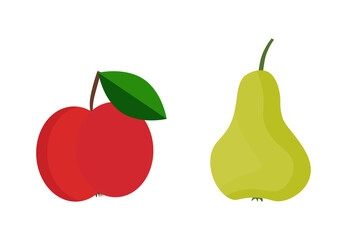 Apple and pear fruits. Red apples and green pears. In cartoon style. Vector fruits set