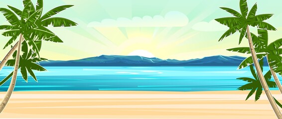 Beach. Seaside landscape. Tropical trees by the sea, ocean. Mountains in the distance on the horizon. Grass and thickets in the sand. Illustration. Vector