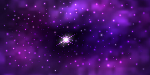 Magic galaxy space with shiny nebula  star dust. Purple mysterious night sky, light flare and cloudy mist. Abstract background, vector illustration