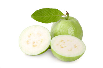 Guava fruit with leaf isolated on white background . full depth of field