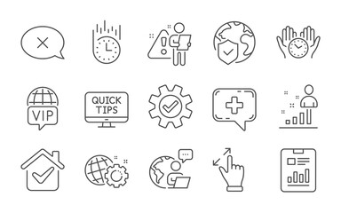 Vip internet, Seo gear and Reject line icons set. Service, Safe time and Stats signs. Report document, Medical chat and Touchscreen gesture symbols. Line icons set. Vector