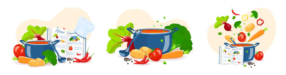 Set of cooking soup. Pan with soup, Recipe book and Vegetables. Recipes, homemade food, food preparation, learning concept. Vector illustration for flyer, poster, banner.