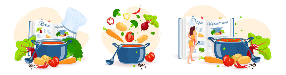 Set of cooking soup. Pan with soup, Woman, Recipe book and Vegetables. Recipes, homemade food, food preparation, learning concept. Vector illustration for flyer, poster, banner.