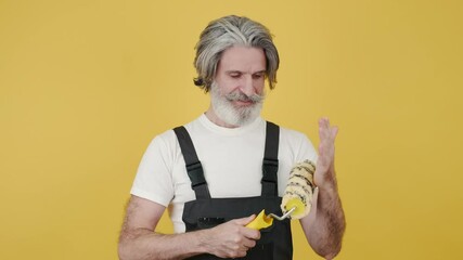 Painter man with brush, wall painting concept, white background. Equipment, decorator. - Powered by Adobe