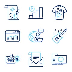 Education icons set. Included icon as Graph chart, Website statistics, Recovery computer signs. Mail newsletter, T-shirt design, Creative painting symbols. Education idea, Electric guitar. Vector