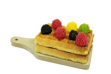 Biscuit waffles on a white plate with space for text