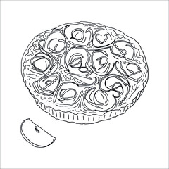 American apple pie. pumpkin tart. braided top. vector eps 10. shortbread dough. rustic food style. dessert, sweet. homemade food, delicious pastries. coloring. cake black and white doodle