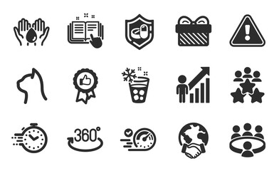 Pets care, Ice maker and Wash hands icons simple set. Timer, Employee result and Business meeting signs. Full rotation, Medical tablet and Meeting symbols. Flat icons set. Vector