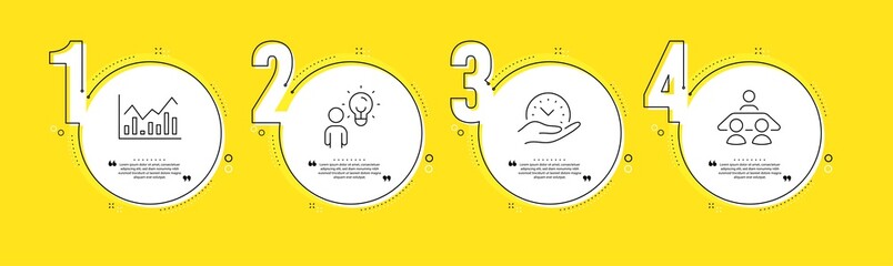 Infochart, Safe time and Group people line icons set. Timeline process infograph. Interview job sign. Stock exchange, Management, Business meeting. Consulting. Education set. Vector