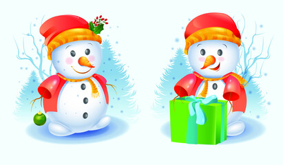 Realistic snowmen with presents. Winter elements activities for children. The collection of snowmen is winter-themed. Cheerful snowmen character. Vector illustration