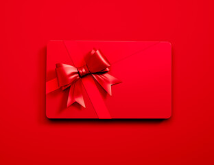 Red credit or gift card with red ribbon isolated on red background - 3D illustration
