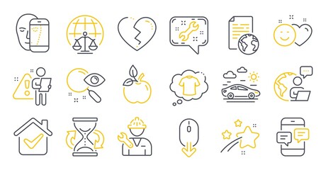 Set of Business icons, such as Search, Eco food, Face biometrics symbols. Scroll down, Phone messages, Hourglass signs. Magistrates court, Broken heart, Smile. Internet document, Spanner. Vector
