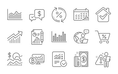 Fototapeta na wymiar Check investment, Demand curve and Bitcoin chart line icons set. Calendar graph, Payment and Money diagram signs. Bar diagram, Payment received and Loan percent symbols. Line icons set. Vector