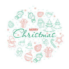 Modern Happy New Year 2021. Merry Christmas and Happy New Year doodle. Christmas card, Christmas symbols on a white background. Winter elements for Christmas. Vector illustration