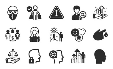Buying process, Writer and Search people icons simple set. Medical mask, Smile and Woman signs. Justice scales, Analysis graph and Creative idea symbols. Flat icons set. Vector