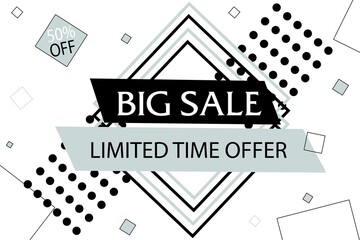 Vector banner. Big sale tag,
 discount -50%, special, limited offer. Super, mega deal. Template, modern label for advertising. Advertising message, favorable price.