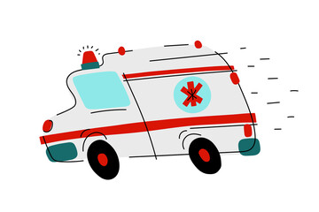 Cartoon white ambulance with red signs. Medical rescue vehicle isolated on white background. Paramedic transport is moving fast with lights, siren. Medicine, health, care symbol. Vector illustration © Olga