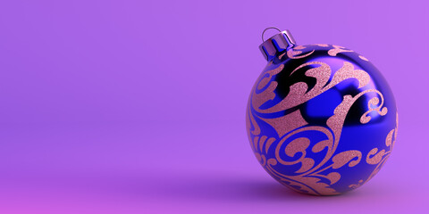 Blue Christmas ball with gold ornament on a blue background. New year's design. 3d render
